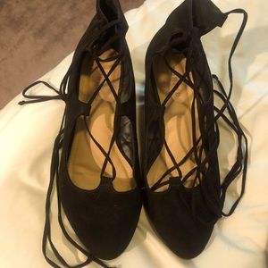Lace up black suede wedge heels